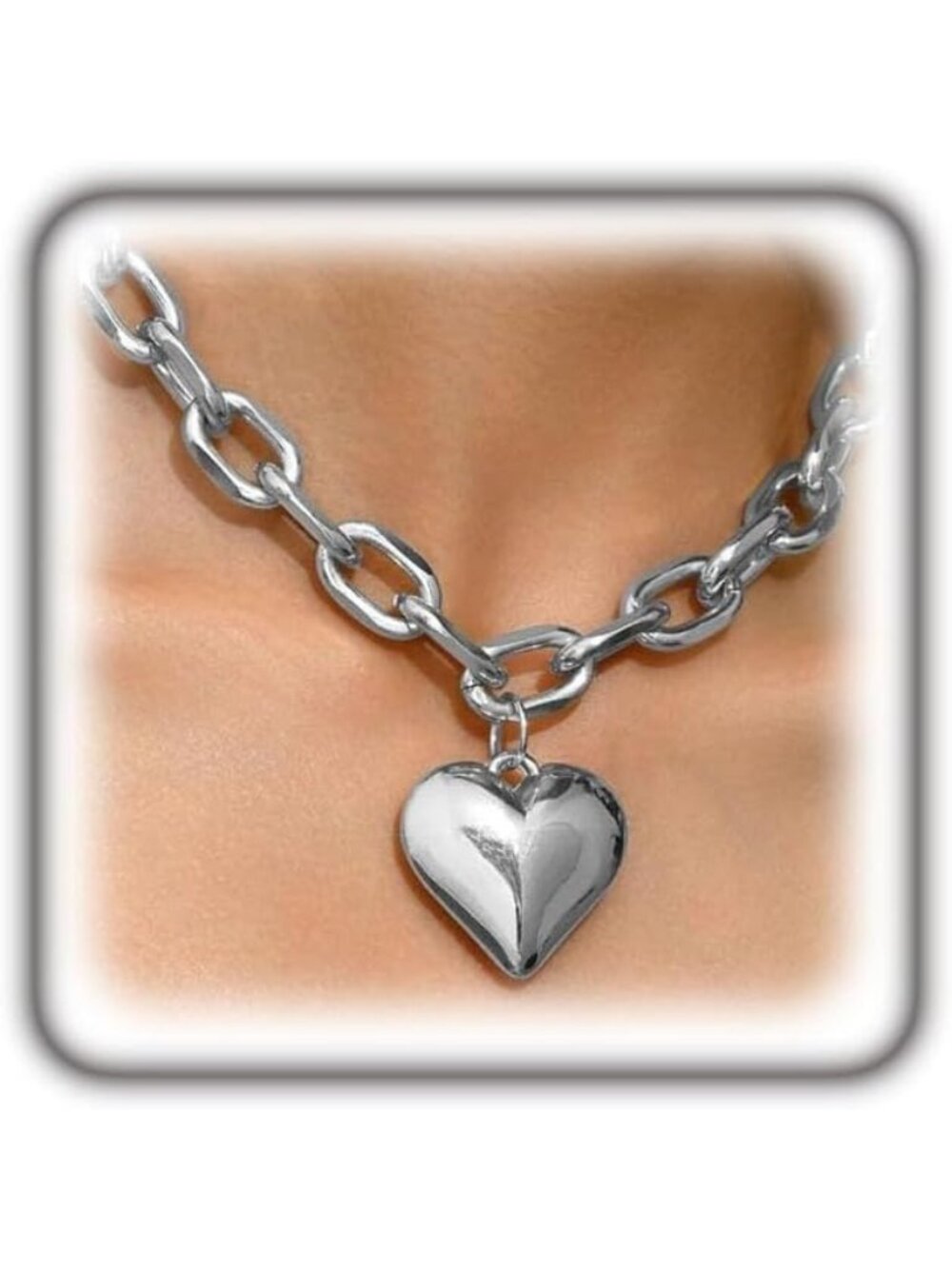 Women's Choker Silver Chunky Gold Heart Necklace Puffy Heart Statement Chain